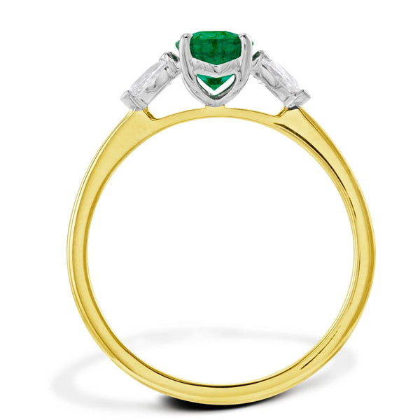 Platinum And 18ct Yellow Gold 0.78ct Oval Cut Emerald And 0.27ct Pear Cut Diamond Three Stone Engagement Ring