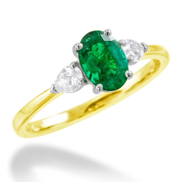 Platinum And 18ct Yellow Gold 0.78ct Oval Cut Emerald And 0.27ct Pear Cut Diamond Three Stone Engagement Ring