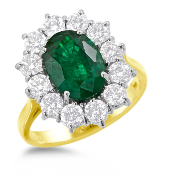 18ct yellow and white gold 3.33ct oval cut emerald and 1.74ct round brilliant cut diamond cluster ring