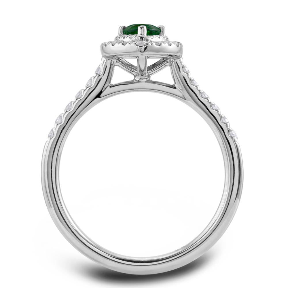 the skye duo platinum 0.40ct marquise cut green tourmaline ring with 0.41ct round brilliant cut double diamond halo and diamond set shoulders setting view