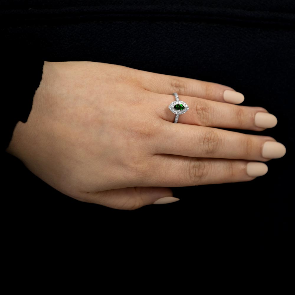 the skye duo platinum 0.40ct marquise cut green tourmaline ring with 0.41ct round brilliant cut double diamond halo and diamond set shoulders model shot
