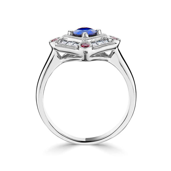 platinum 0.62ct blue sapphire, 0.12ct ruby and 0.34ct diamond vintage inspired ring side setting view