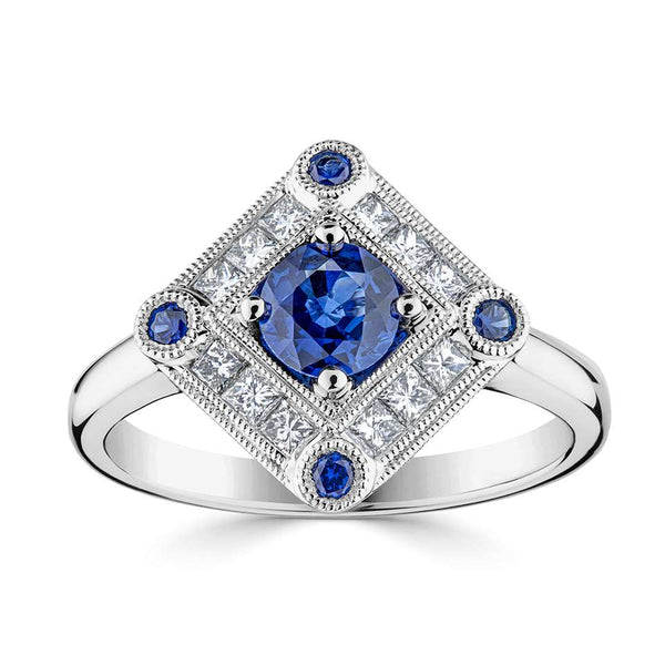 platinum 0.74ct blue sapphire and 0.34ct diamond vintage inspired ring top view