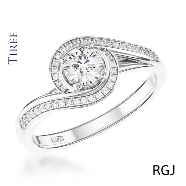 The Tiree Platinum Round Brilliant Cut Diamond Swirl Engagement Ring With Diamond Halo And Diamond Set Shoulders