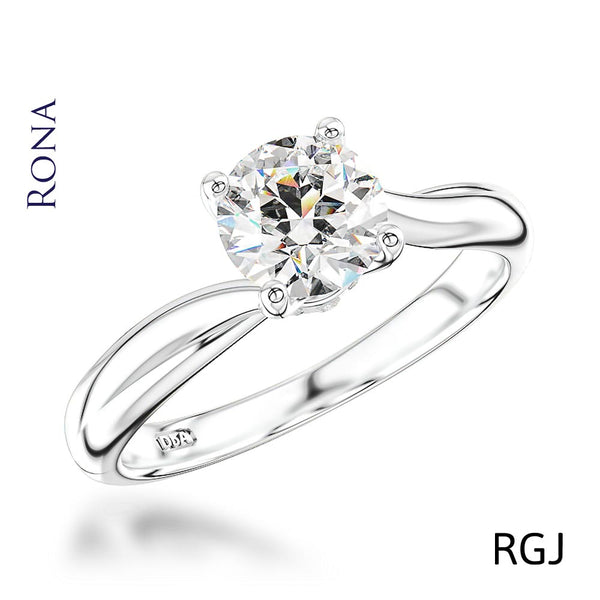 The Rona Four Claw Platinum Round Brilliant Cut Diamond Solitaire Twist Engagement Ring With Diamond Detailing