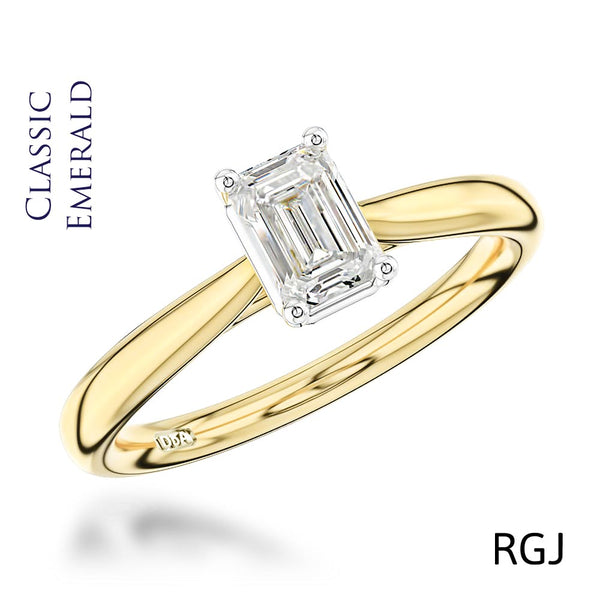 The Classic 18ct Yellow Gold and Platinum Emerald Cut Diamond Solitaire Engagement Ring
