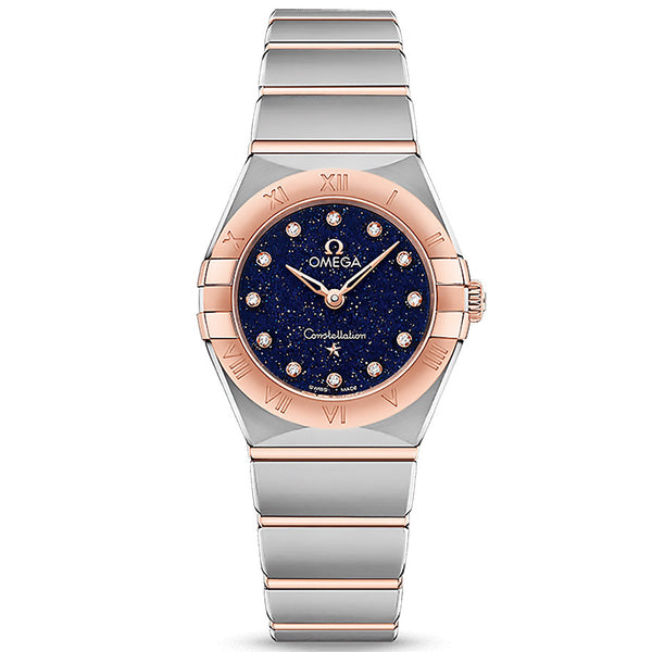 OMEGA Constellation 25mm Blue Dial 18ct Rose Gold & Steel Diamond Ladies Quartz Watch 13120256053002