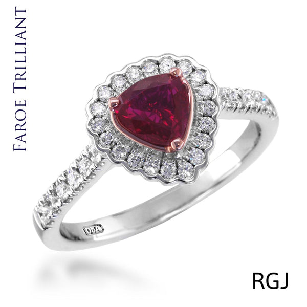 The Faroe Platinum And 18ct Rose Gold 0.65ct Trilliant Cut Ruby Ring With 0.33ct Diamond Halo And Diamond Set Shoulders