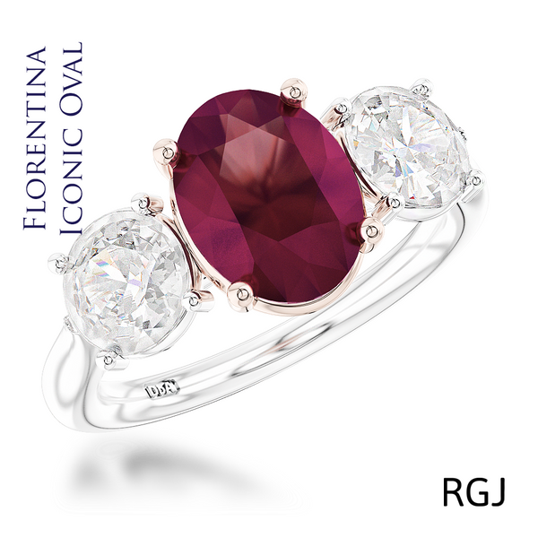 The Florentina Iconic Platinum And 18ct Rose Gold 2.04ct Oval Cut Ruby And 1.01ct Round Brilliant Cut Diamond Three Stone Ring With Diamond Detailing