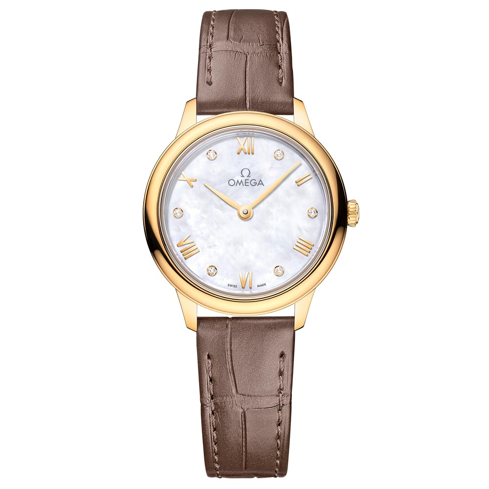 omega de ville prestige 27.5mm mop dial 18ct yellow gold diamond ladies quartz watch