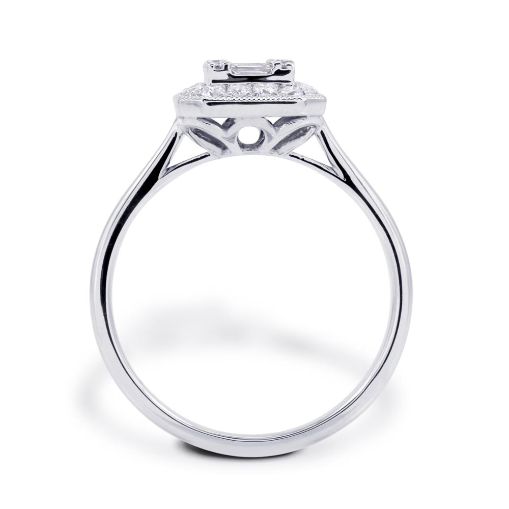 18ct White Gold 0.46ct Baguette And Round Brilliant Cut Diamond Fancy Halo Ring