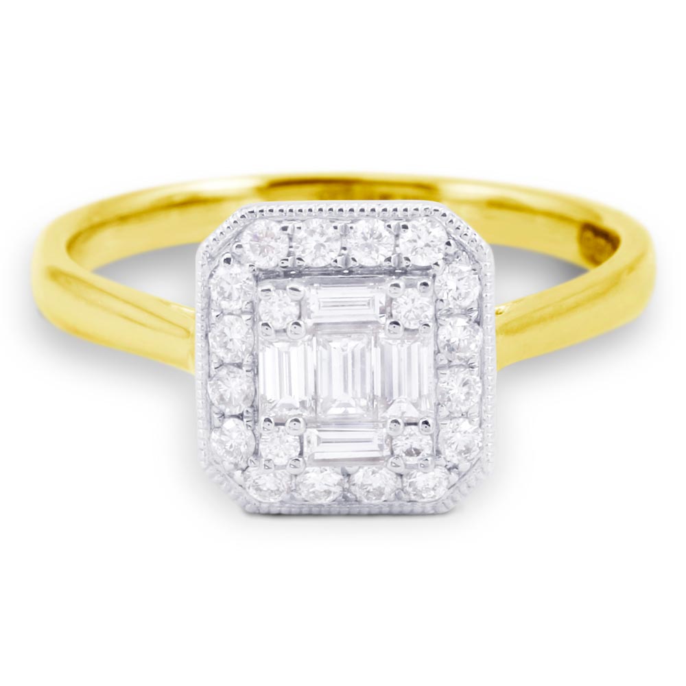 18ct Yellow Gold 0.46ct Baguette And Round Brilliant Cut Diamond Fancy Halo Ring