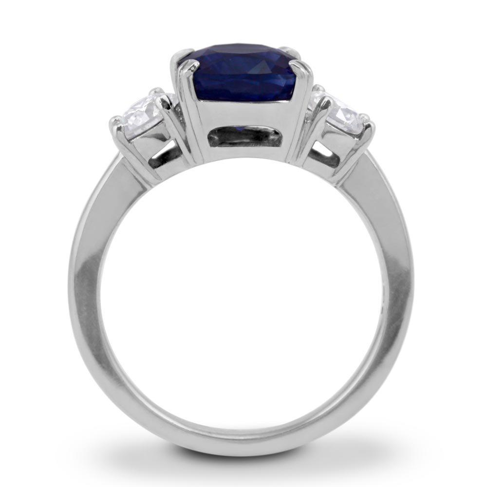 Platinum 3.08ct Cushion Cut Sapphire And 0.50ct Diamond Three Stone Engagement Ring