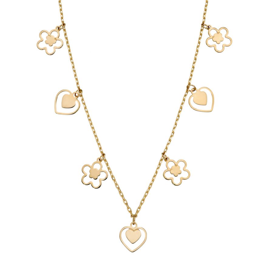 9ct yellow gold hearts and flowers charm necklace