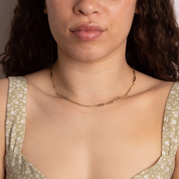 9ct yellow and white gold elongated link necklace model shot