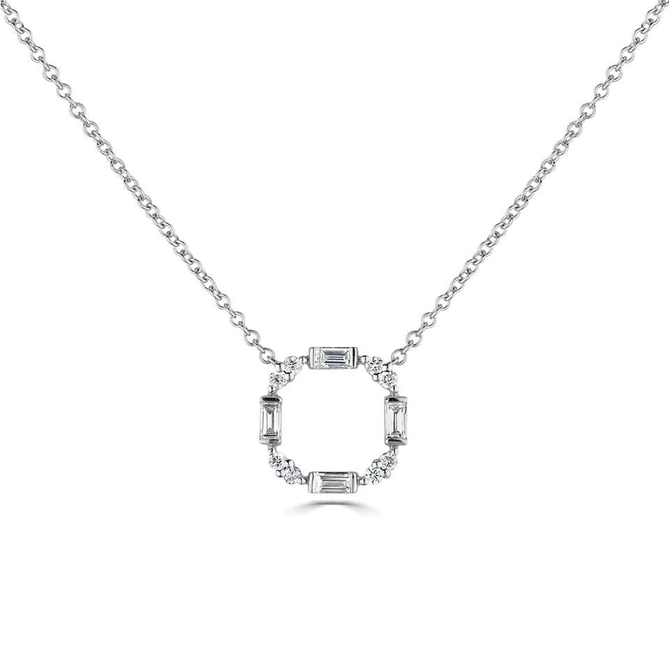 18ct White Gold 0.36ct Baguette And Round Brilliant Cut Diamond Circle Necklace