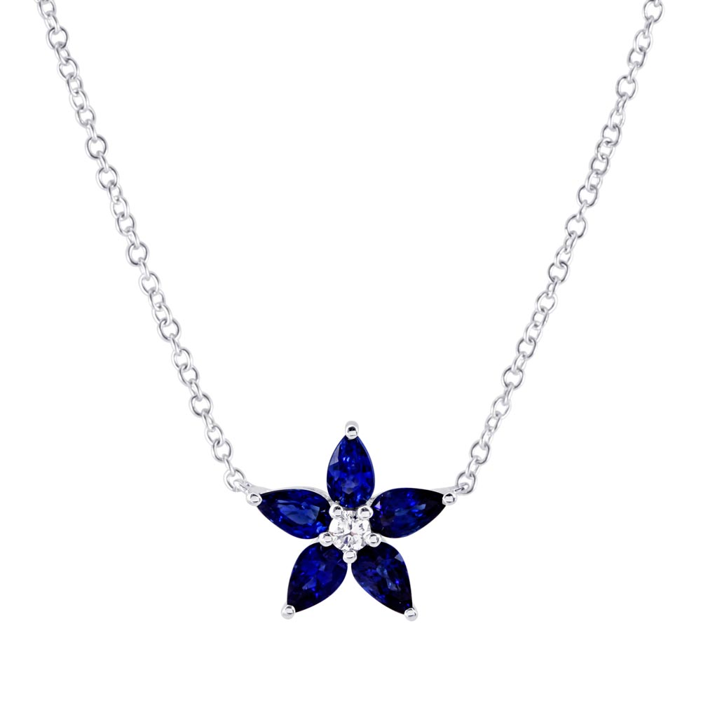 18ct White Gold 1.47ct Sapphire And 0.10ct Diamond Flower Necklace
