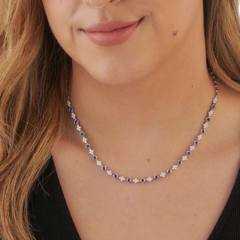 18ct White Gold 1.62ct Blue Sapphire And 1.90ct Diamond Line Necklace