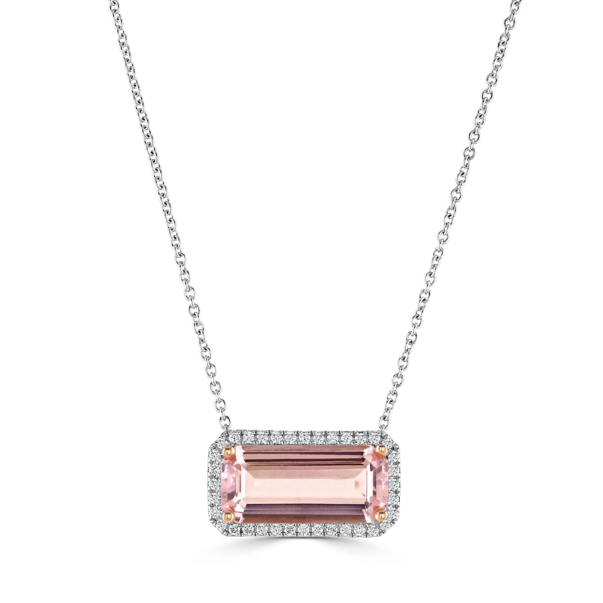18ct white and rose gold 1.00ct octagon cut morganite and 0.13ct diamond halo necklace