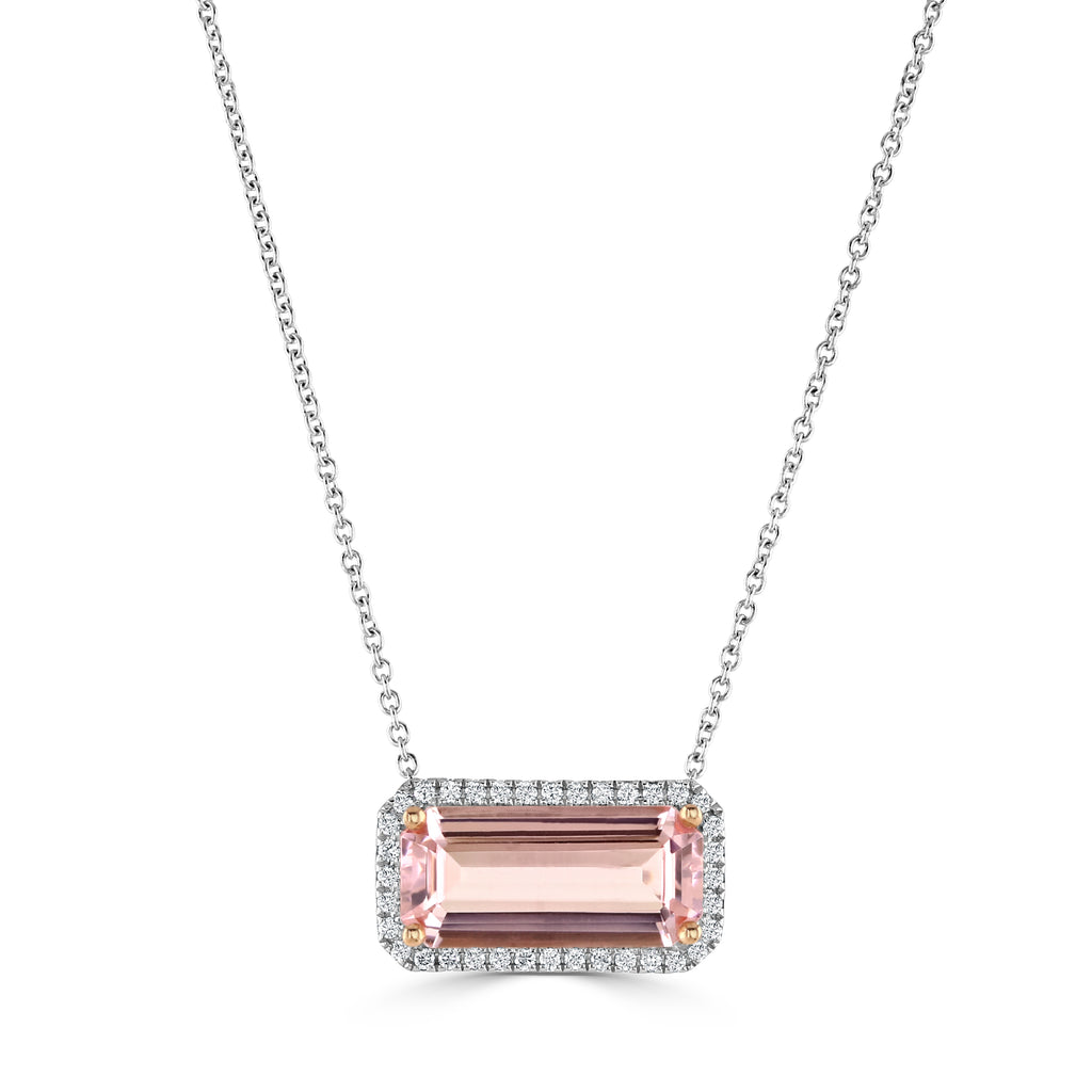 18ct White And Rose Gold 1.00ct Octagon Cut Morganite And 0.13ct Diamond Halo Necklace