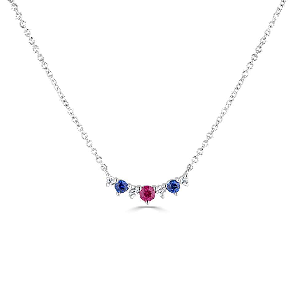 18ct White Gold 0.15ct Ruby, 0.12ct Blue Sapphire And 0.18ct Diamond Necklace