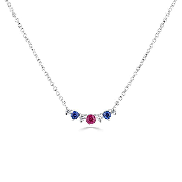 18ct white gold 0.15ct ruby, 0.12ct blue sapphire and 0.18ct diamond necklace