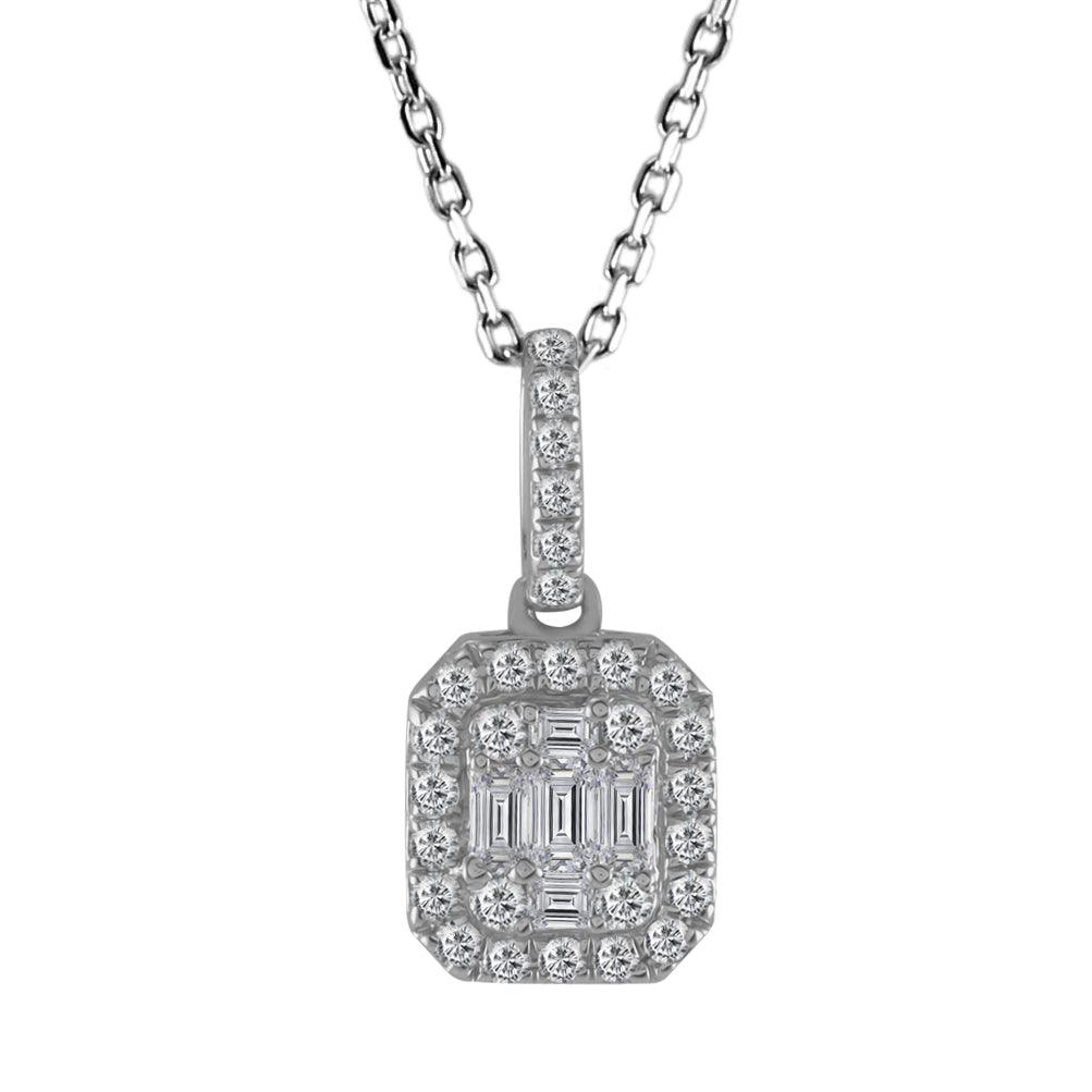 18ct White Gold 0.33ct Diamond Rectangle Cluster Pendant with Chain Closeup