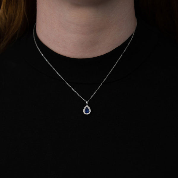 18ct White Gold 0.86ct Pear Cut Sapphire And 0.17ct Diamond Halo Necklace