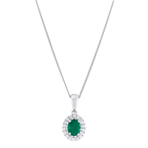 18ct White Gold Oval 0.40ct Emerald And 0.10ct Diamond Necklace