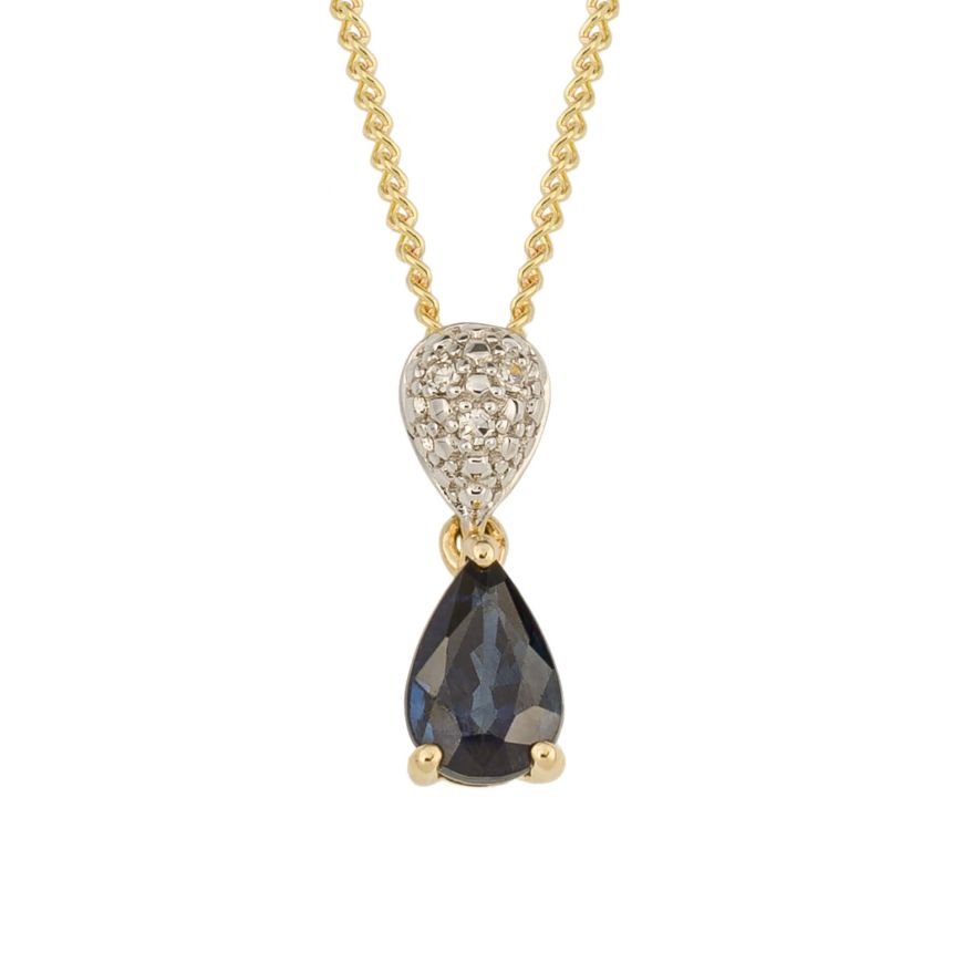 9ct yellow gold blue sapphire and diamond teardrop drop pendant