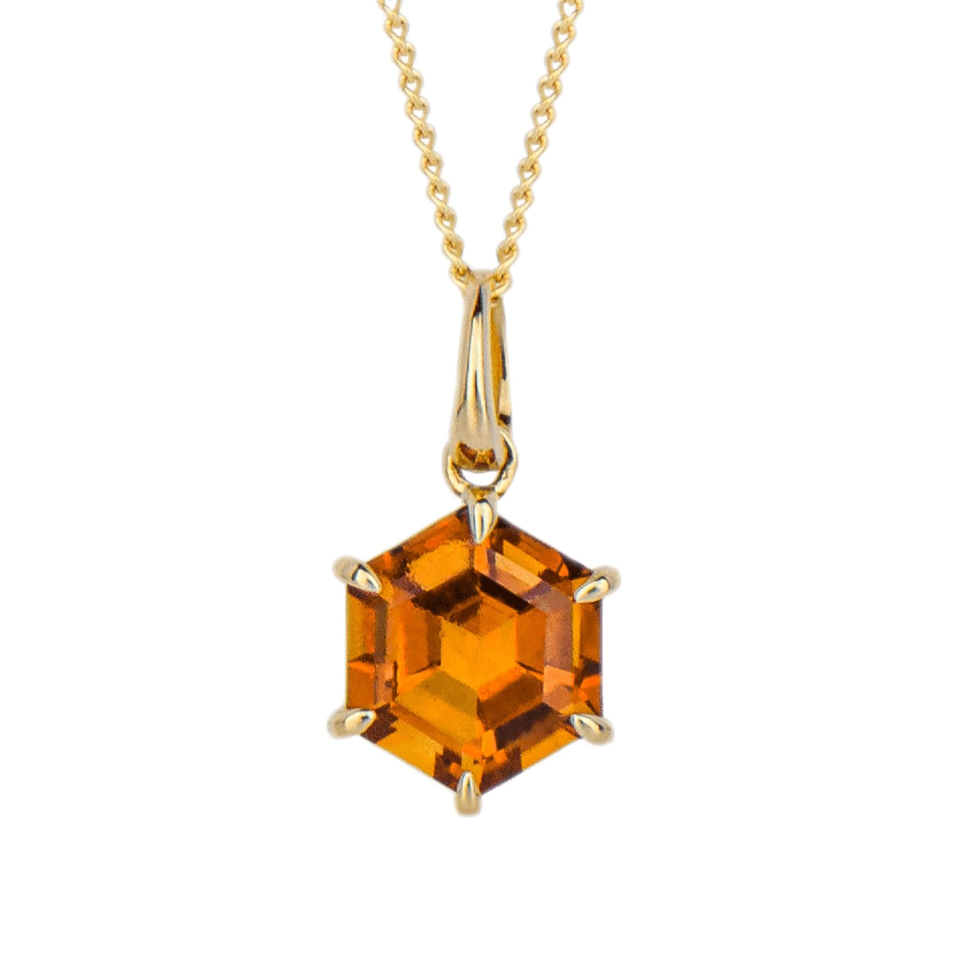 9ct yellow gold hexagonal citrine claw set pendant
