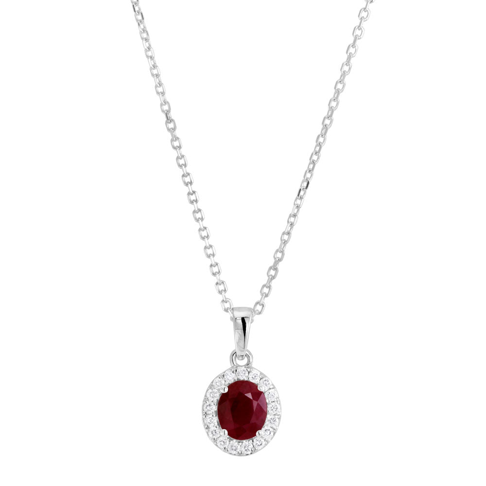18ct White Gold 0.62ct Ruby and 0.09ct Diamond Halo Necklace
