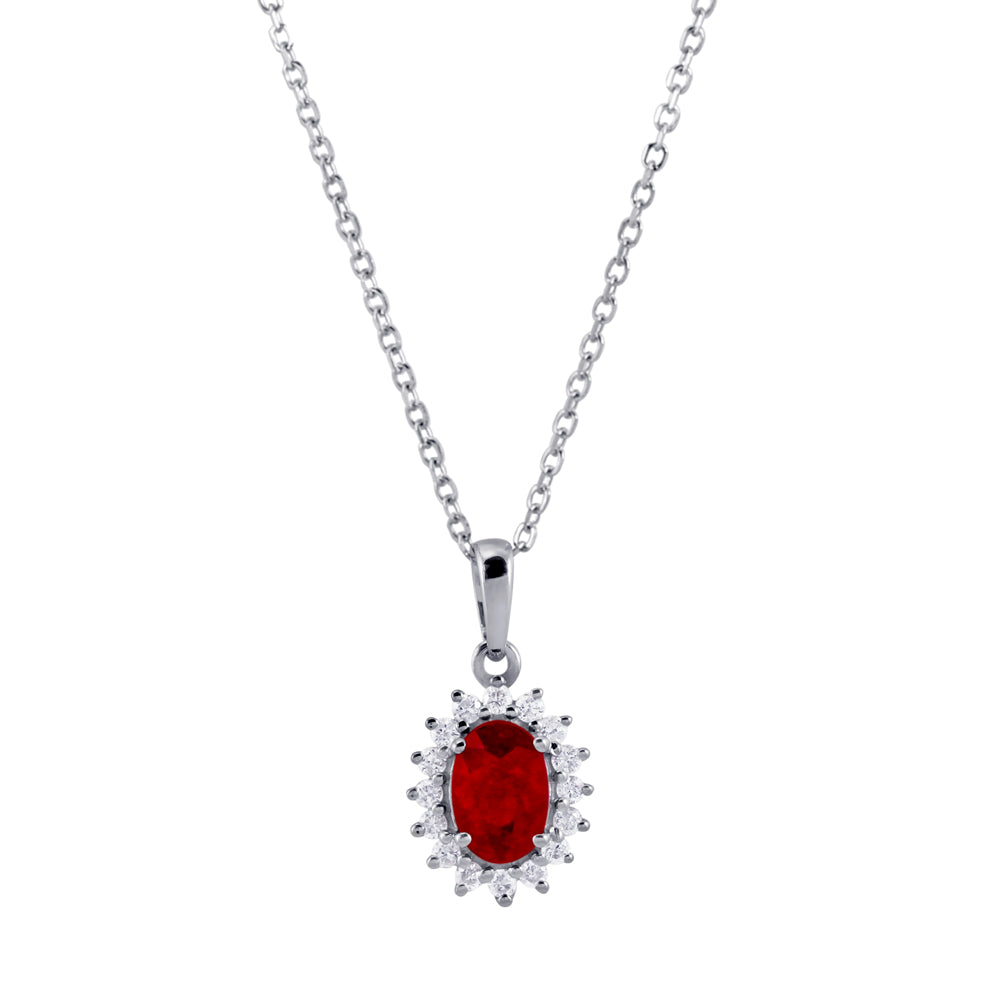 18ct White Gold 0.78ct Oval Cut Ruby and 0.14ct Diamond Halo Necklace