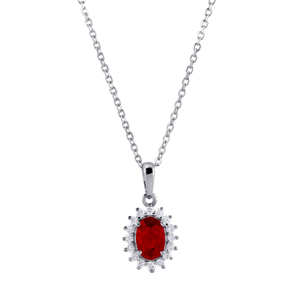 18ct White Gold 0.78ct Oval Cut Ruby and 0.14ct Diamond Halo Necklace