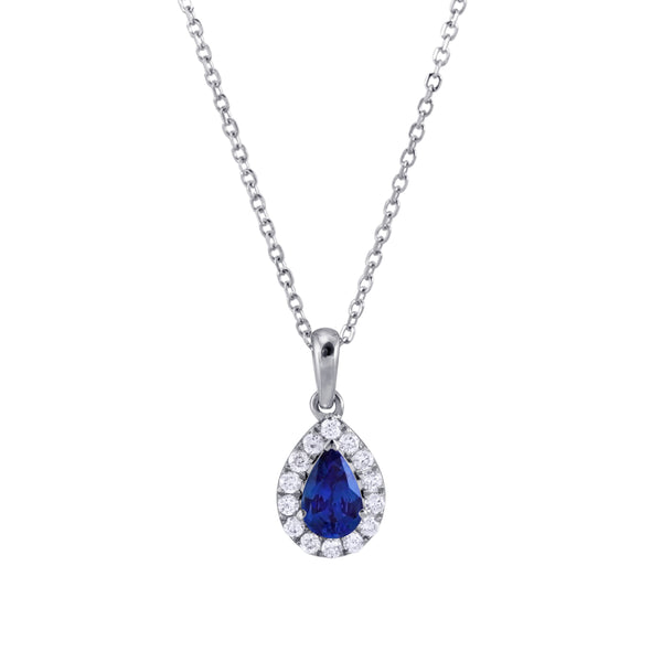 18ct White Gold 0.53ct Pear Cut Blue Sapphire and 0.15ct Diamond Necklace