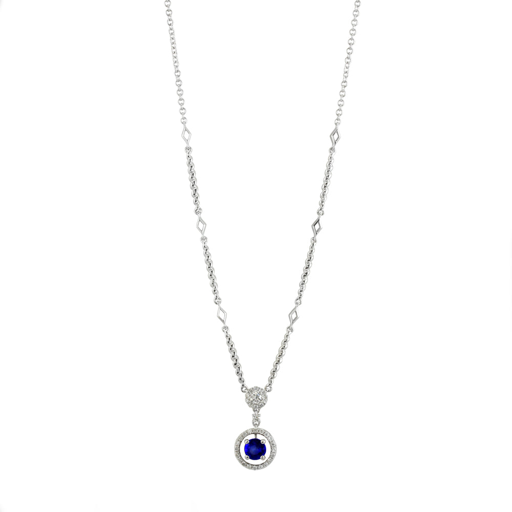18ct White Gold 0.63ct Sapphire and 0.33ct Diamond Drop Halo Necklace