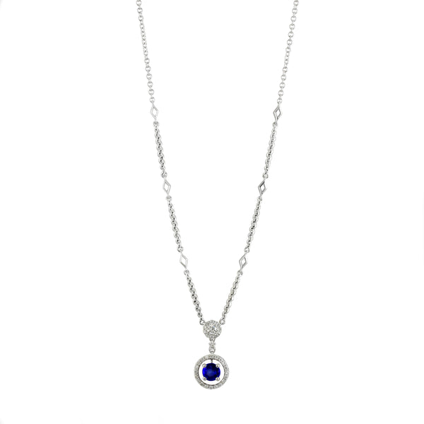 18ct White Gold 0.63ct Sapphire and 0.33ct Diamond Drop Halo Necklace