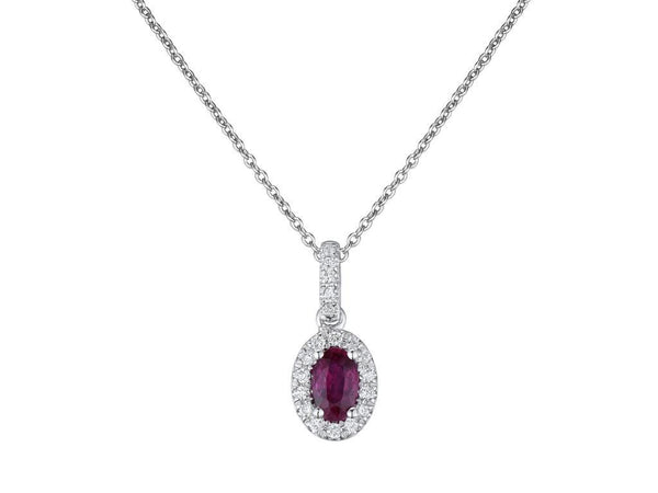 18ct white gold 0.35ct oval cut ruby and 0.09ct diamond halo drop necklace