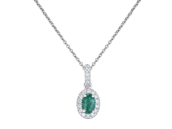 18ct white gold 0.25ct oval cut emerald and 0.09ct diamond halo drop necklace