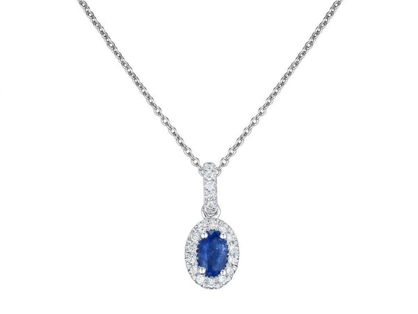 18ct white gold 0.35ct oval cut blue sapphire and 0.09ct diamond halo drop necklace