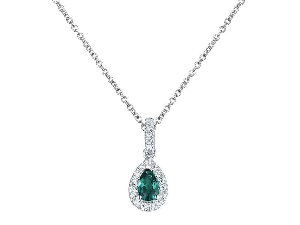 18ct White Gold 0.21ct Pear Cut Emerald And 0.10ct Diamond Halo Drop Necklace