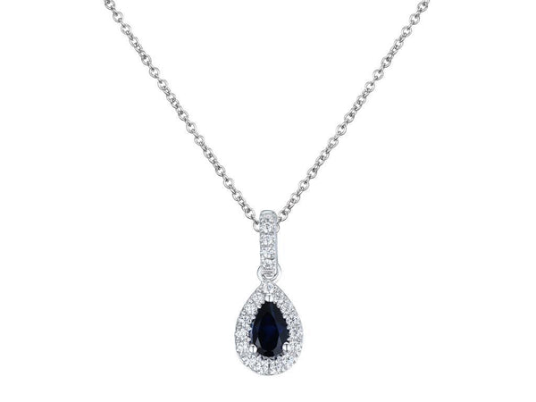 18ct white gold 0.28ct pear cut blue sapphire and 0.10ct diamond halo drop necklace