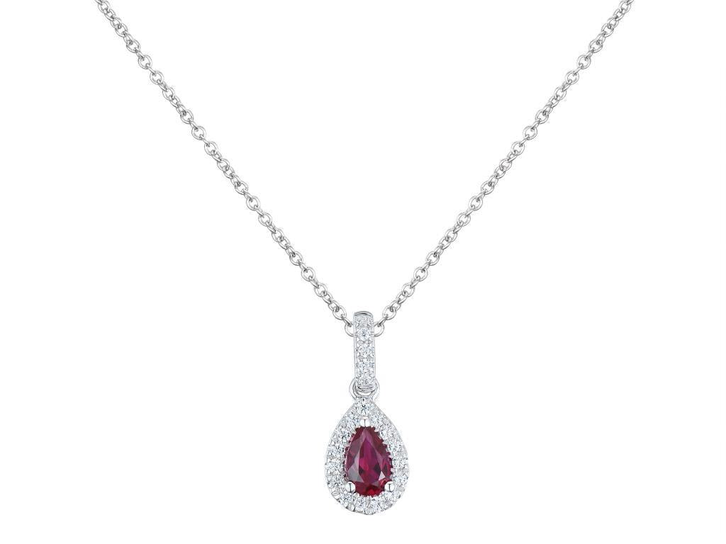18ct white gold 0.26ct pear cut ruby and 0.10ct diamond halo drop necklace