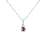 18ct white gold 0.26ct pear cut ruby and 0.10ct diamond halo drop necklace