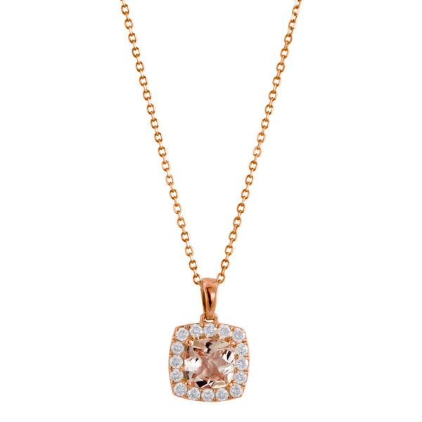 18ct Rose Gold 0.77ct Cushion Cut Morganite and 0.26ct Diamond Halo Necklace