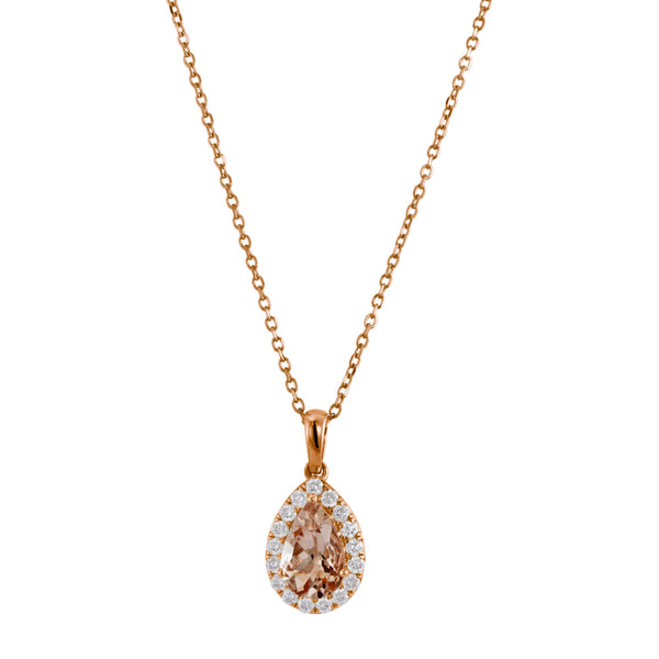 18ct Rose Gold 0.75ct Pear Cut Morganite And 0.21ct Diamond Halo Necklace Image