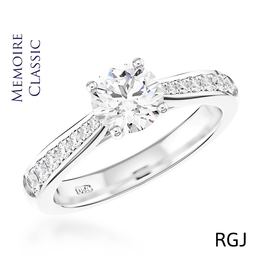 The Memoire Classic Platinum Round Brilliant Cut Diamond Solitaire Engagement Ring With Diamond Set Shoulders