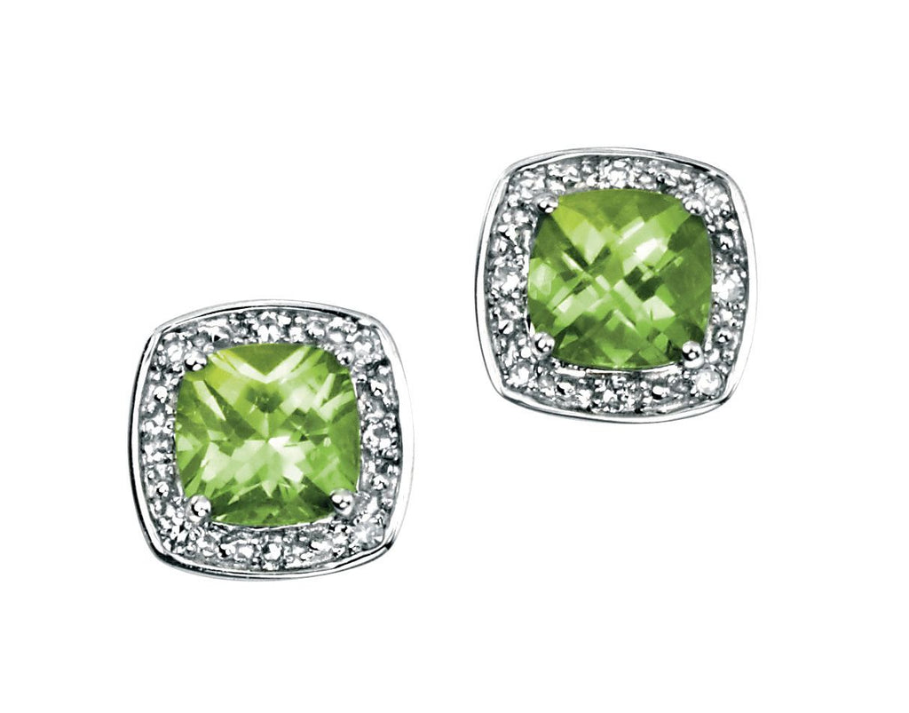 9ct White Gold Peridot And Diamond Cluster Stud Earrings GE731G