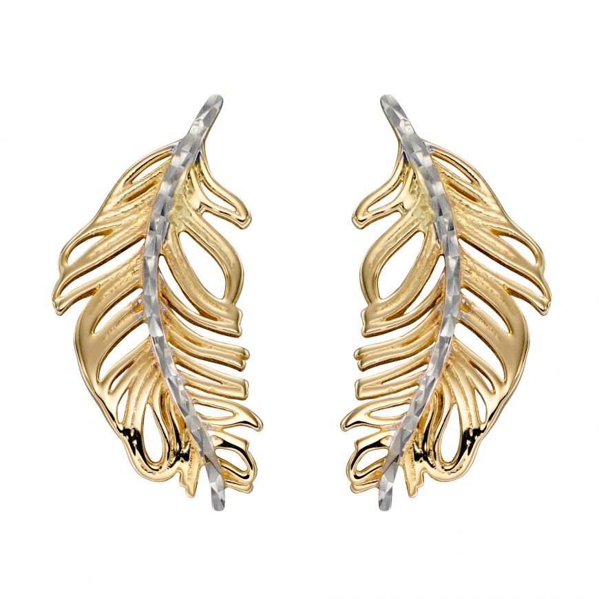 9ct Yellow And White Gold Feather Stud Earrings GE2339