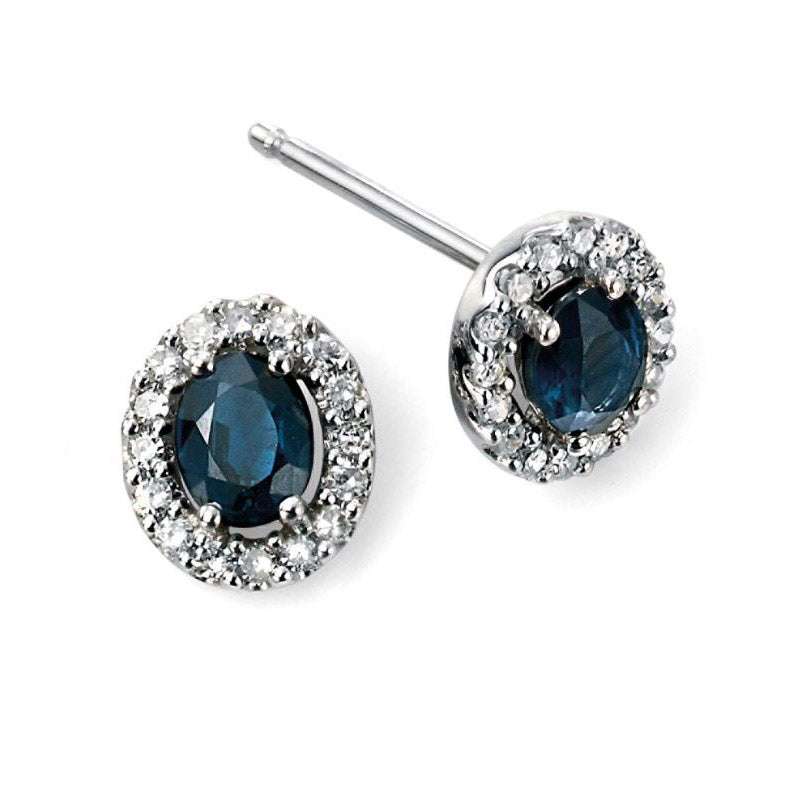 9ct White Gold Oval Blue Sapphire And Diamond Cluster Stud Earrings GE943L